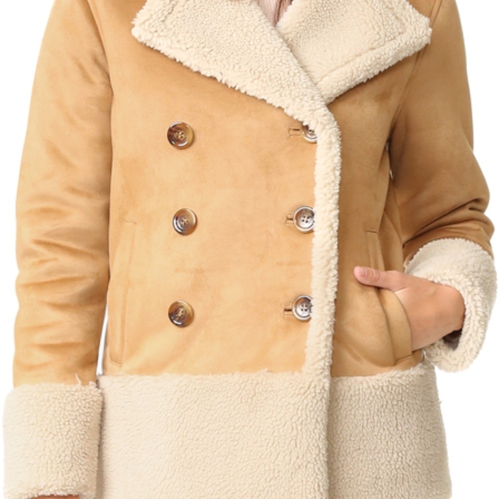 MOTHER Tan and Cream Shearling Double-Breasted Coat